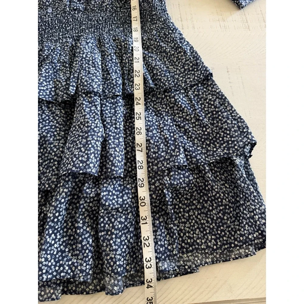 Michael Kors Floral Cotton Lawn Tiered Mini Dress Smocked Waist Navy Blue Medium